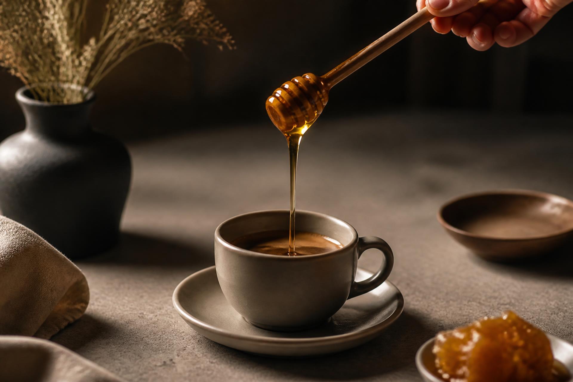 Honey being drizzled into a ceramic cup of espresso