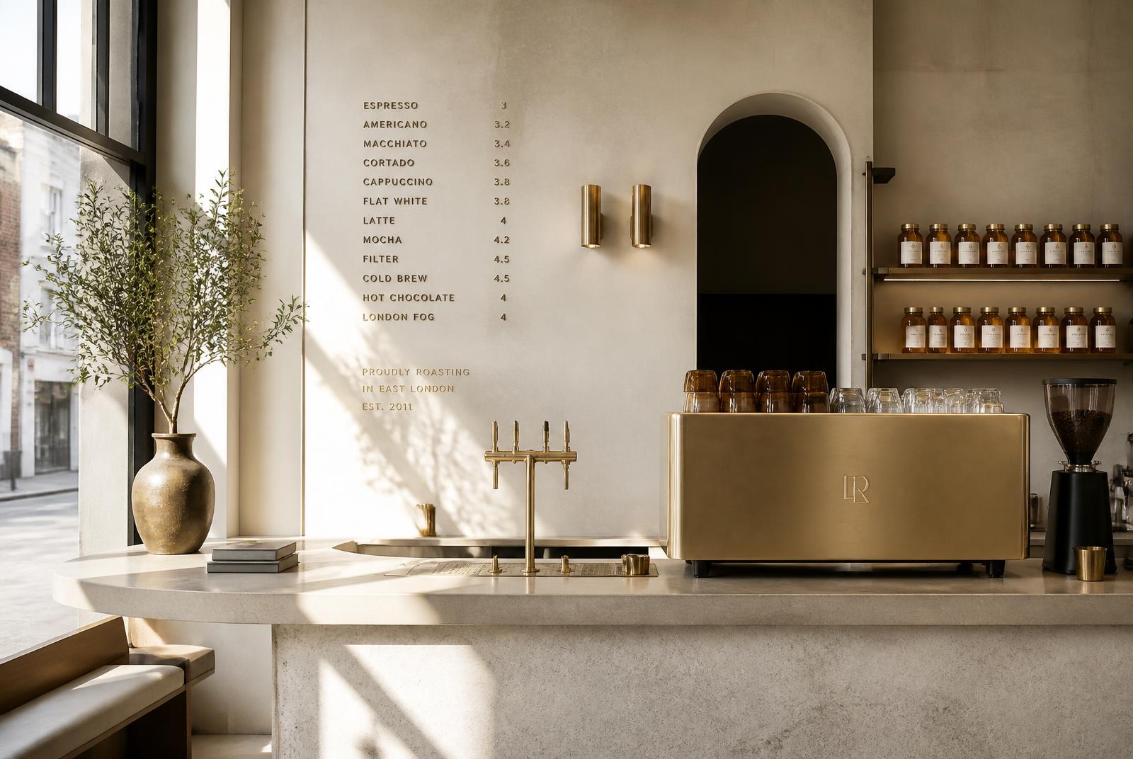 Interior of the Hive & Bean bar with stone counter and brass fittings