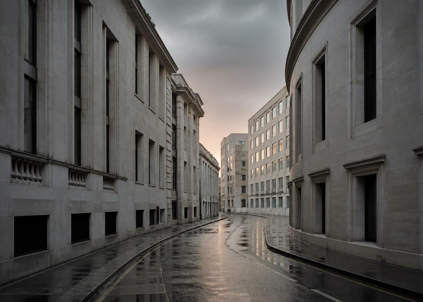 Pale London stone façades on a wet morning street